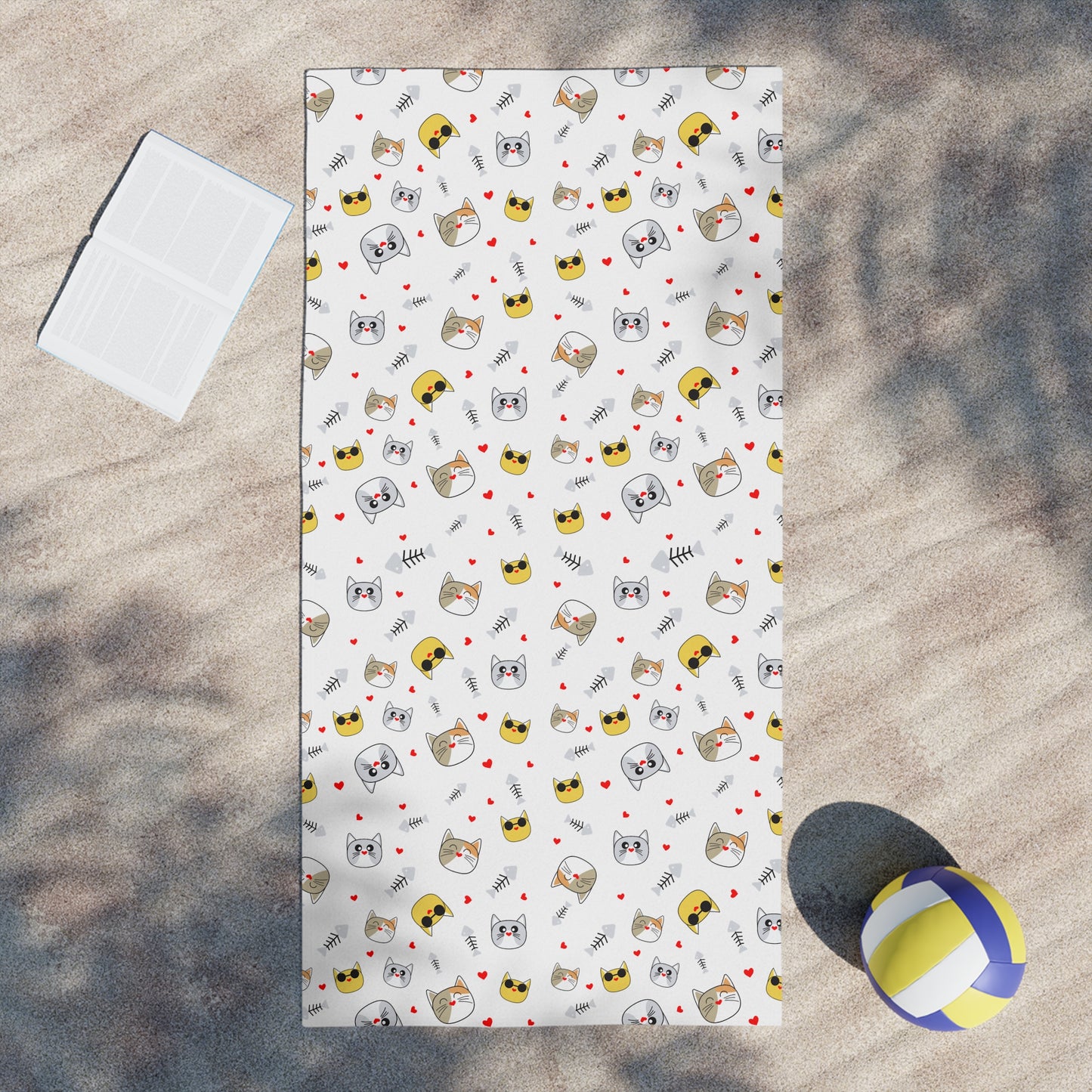 Cute Kawaii Cat Pattern Beach Towel – Playful Emoji Cat Faces, Summer Pool & Beach Towel
