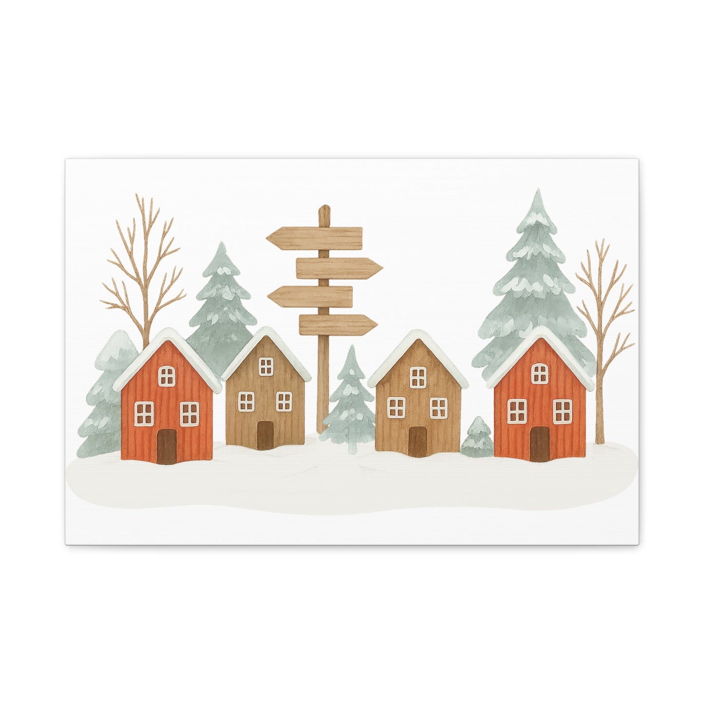Winter Village Canvas Wall Art - Cozy Rustic Cabin Scene