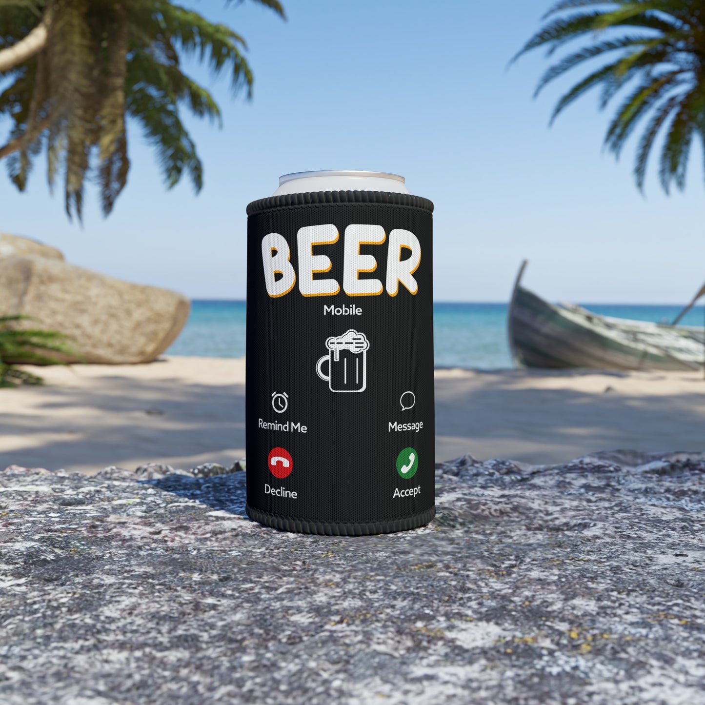 Stubby Cooler — "BEER Call" Neoprene Can Cooler (Funny Beer Mobile Design)
