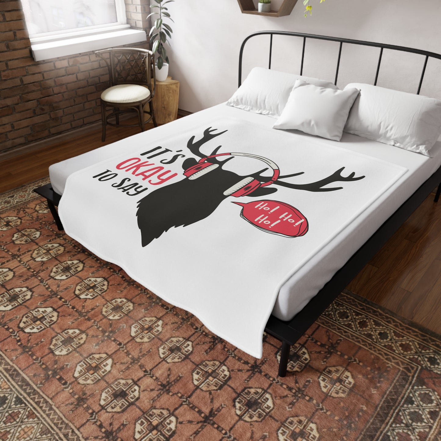 Christmas Reindeer Headphones Plush Fleece Blanket — "It's Okay to Say" Holiday Cozy Throw