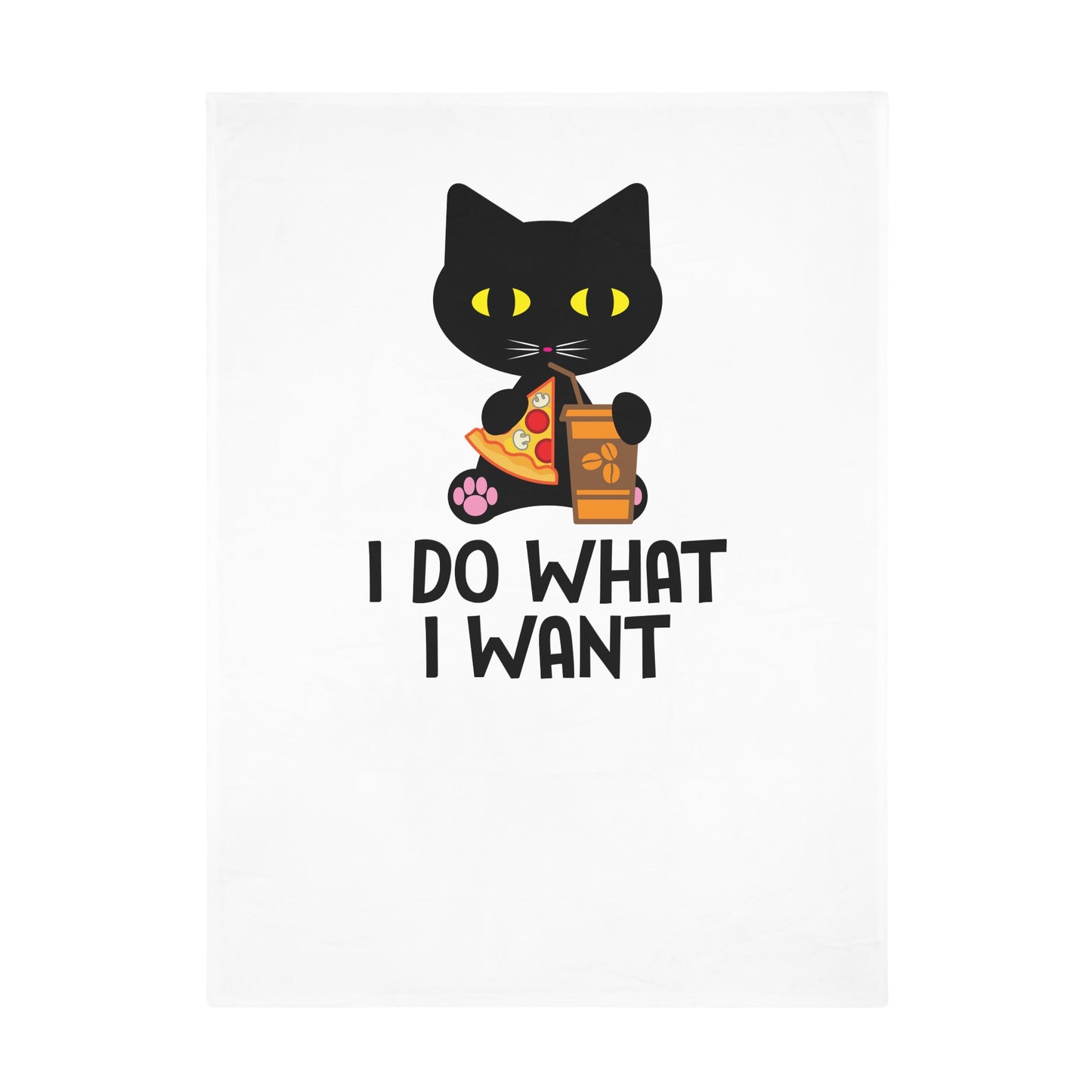 I Do What I Want Cat Plush Fleece Blanket — Cute Black Cat with Pizza & Snacks