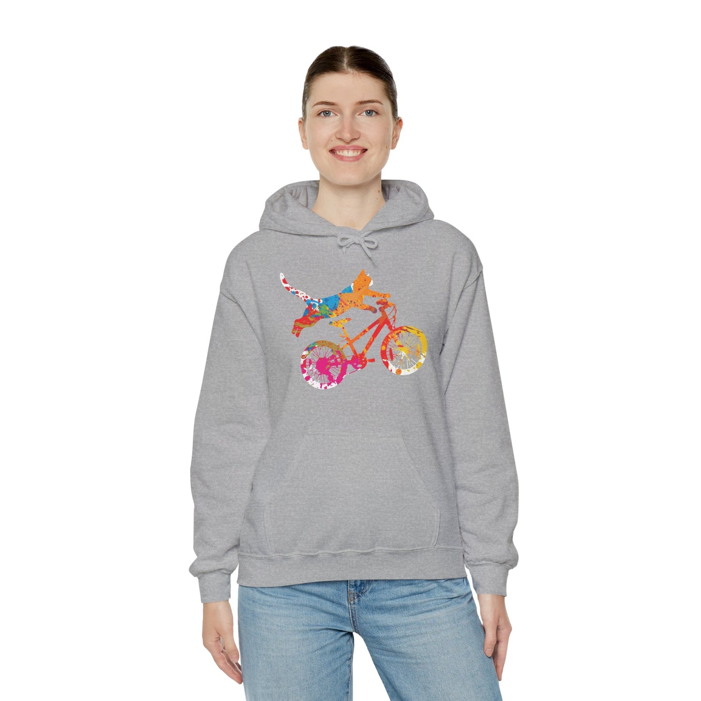 Cat on Bike Colorful Graphic Hoodie — Playful Bicycle Cat Art Sweatshirt