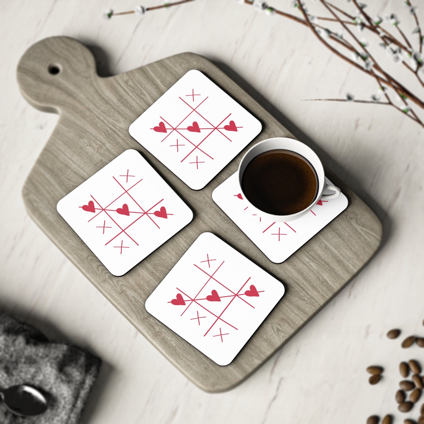 Heart Tic-Tac-Toe Cork Coasters — Valentine Romance Drink Coaster Set