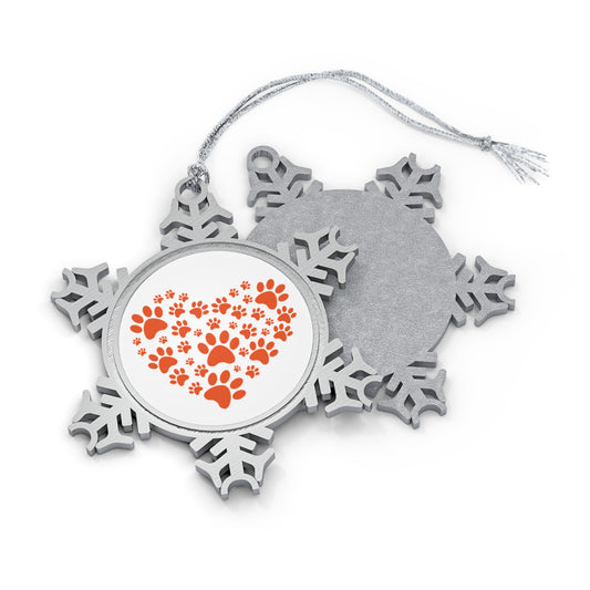 Pewter Snowflake Ornament — Red Paw Print Heart Holiday Keepsake