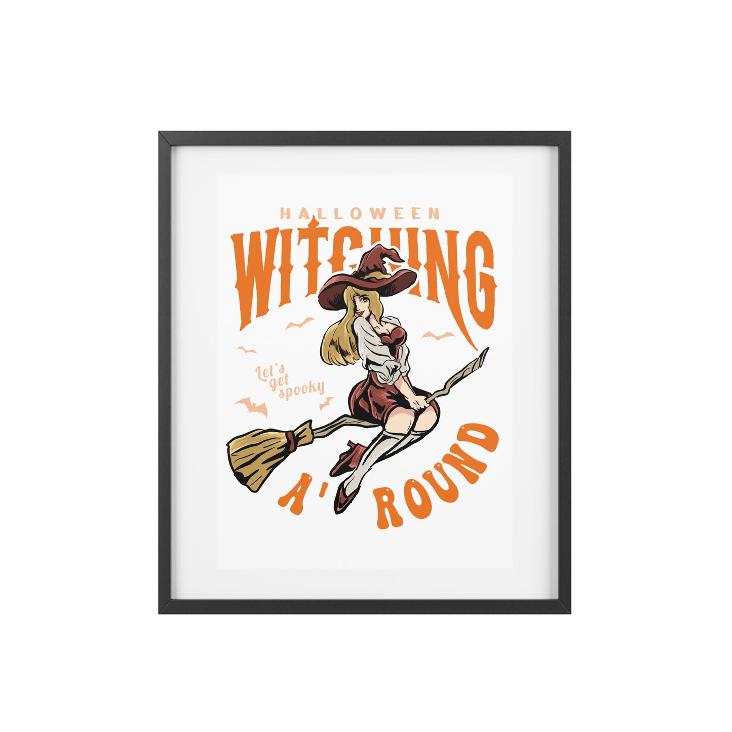 Halloween Witching Around Framed Poster — Vintage Witch on Broom Matte Print
