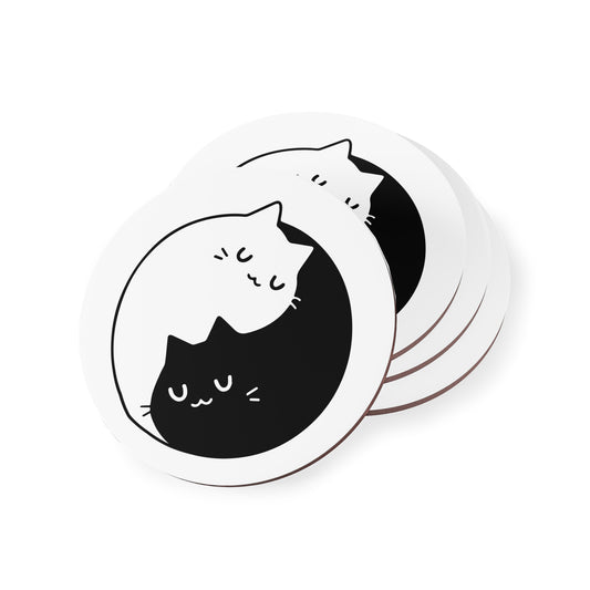 Cat Yin Yang Cork Coasters — Cute Black & White Cat Drink Coaster Set
