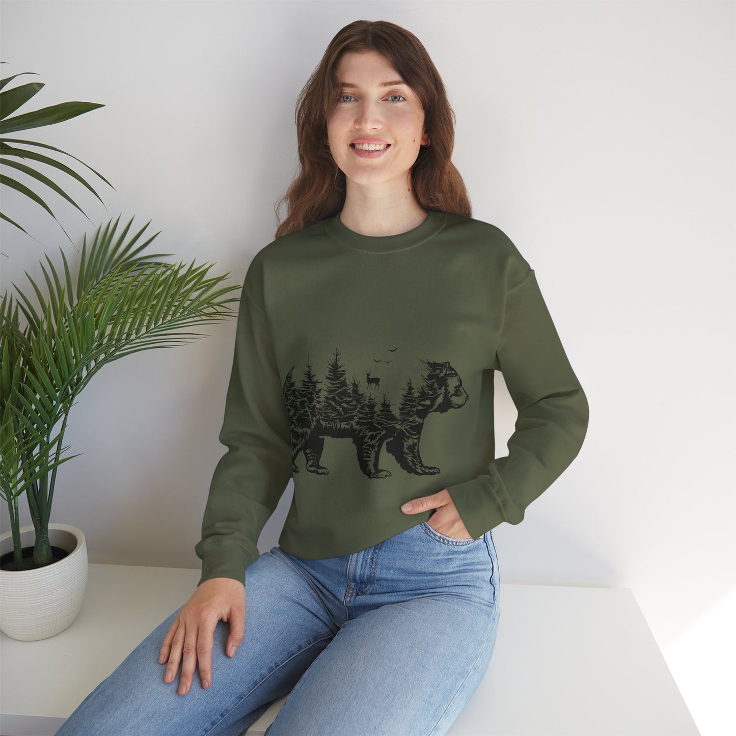 Bear Forest Crewneck Sweatshirt – Woodland Double Exposure Graphic