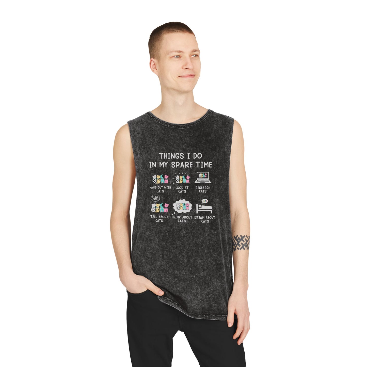 Cat Lover Graphic Tank Top — "Things I Do In My Spare Time" Stonewash Muscle Tee
