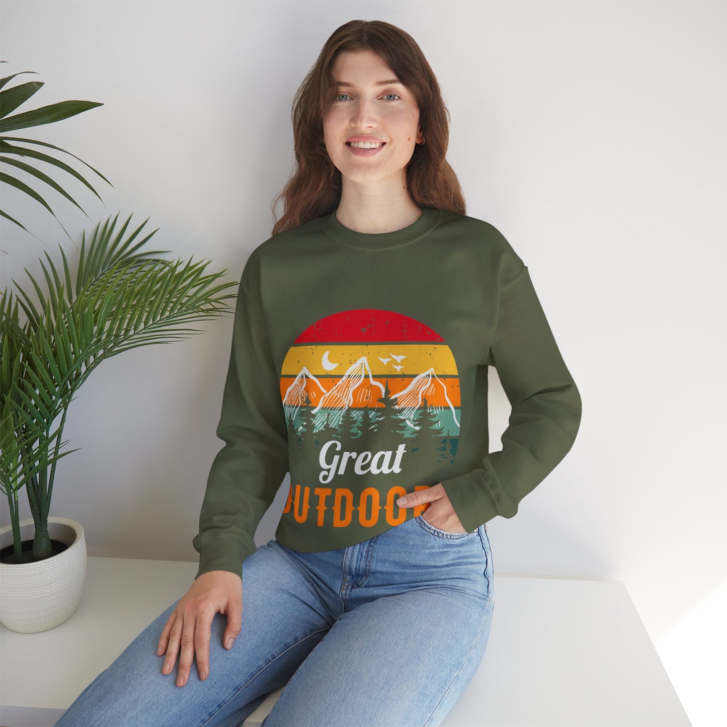Great Outdoors Crewneck Sweatshirt — Vintage Sunset Camping Hoodie Alternative