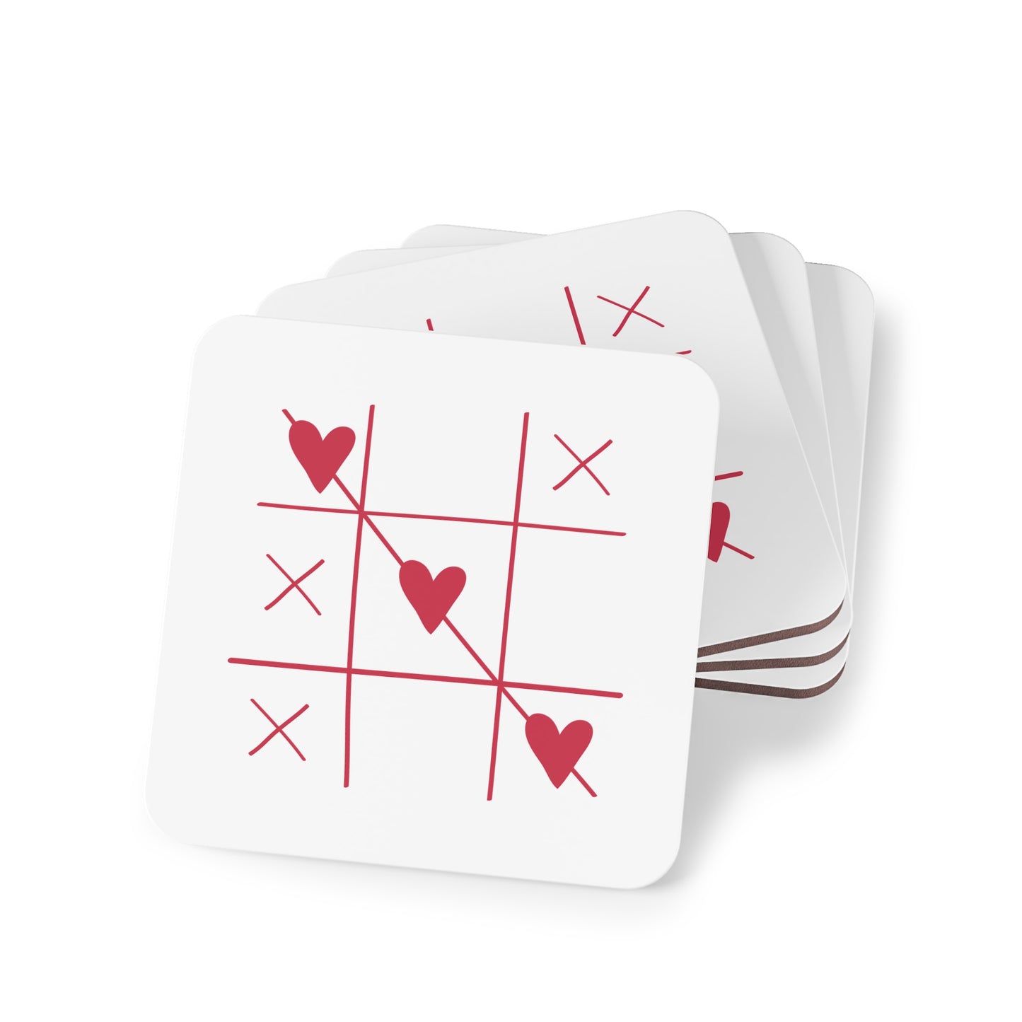 Heart Tic-Tac-Toe Cork Coasters — Valentine Romance Drink Coaster Set