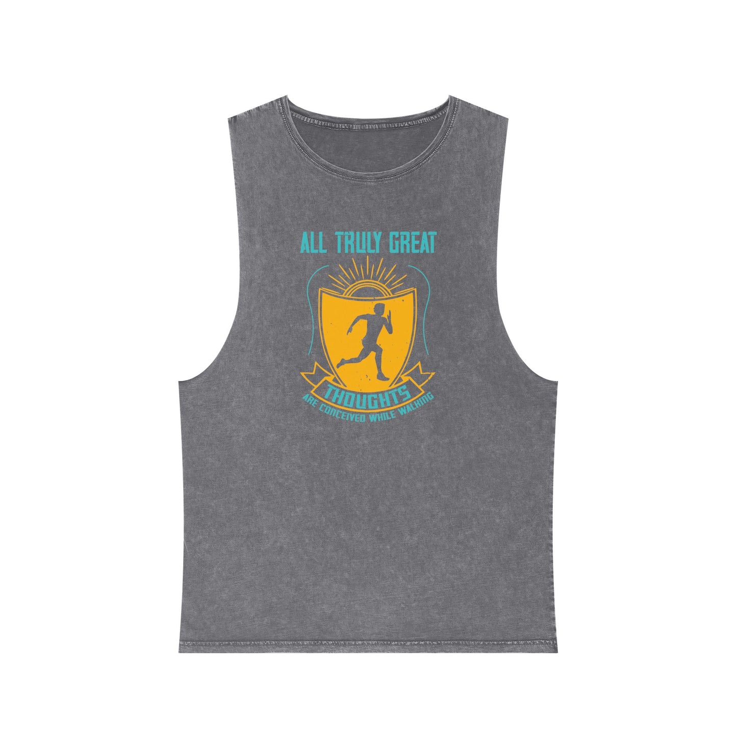 Gym Tank Top — “Heavy Weights and Protein Shakes” Stonewash Sleeveless Top