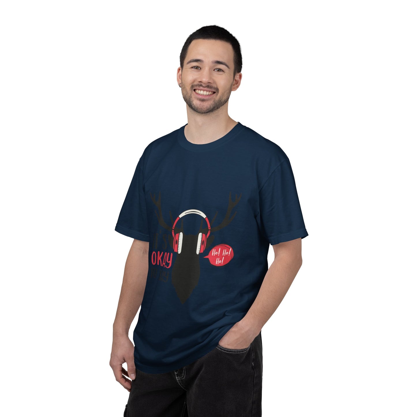 Reindeer Headphones Christmas T-Shirt – "It’s Okay to Say Ho! Ho! Ho!" Holiday Tee
