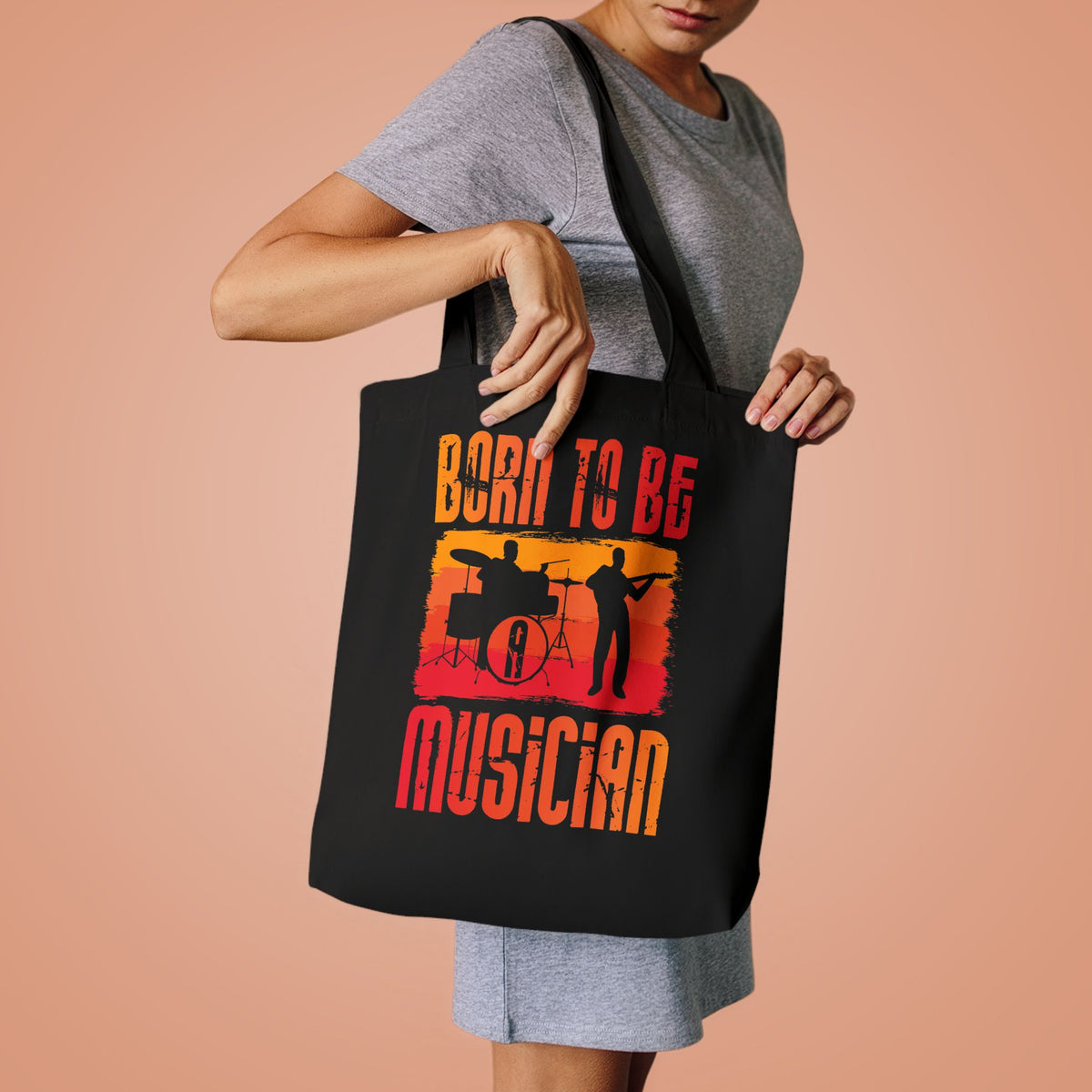Born to Be Musician Tote Bag – Retro Drummer & Guitar Silhouette Music Lover Gift