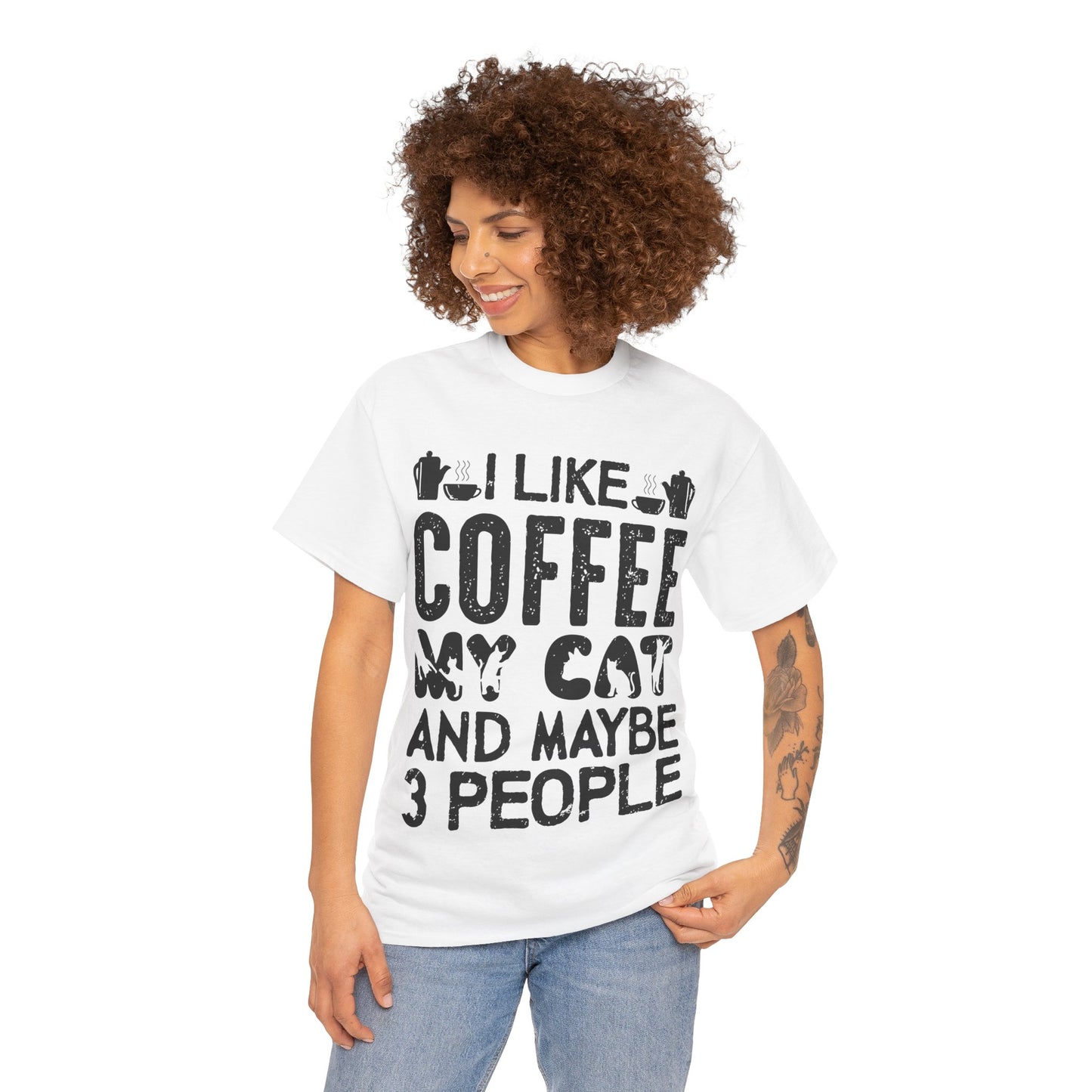 Coffee & Cat Tee — "I Like Coffee, My Cat, And Maybe 3 People" Funny Cat Lover Shirt