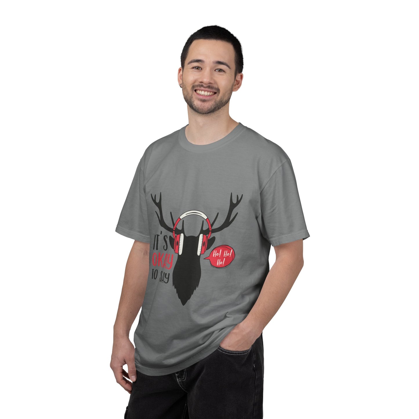 Reindeer Headphones Christmas T-Shirt – "It’s Okay to Say Ho! Ho! Ho!" Holiday Tee