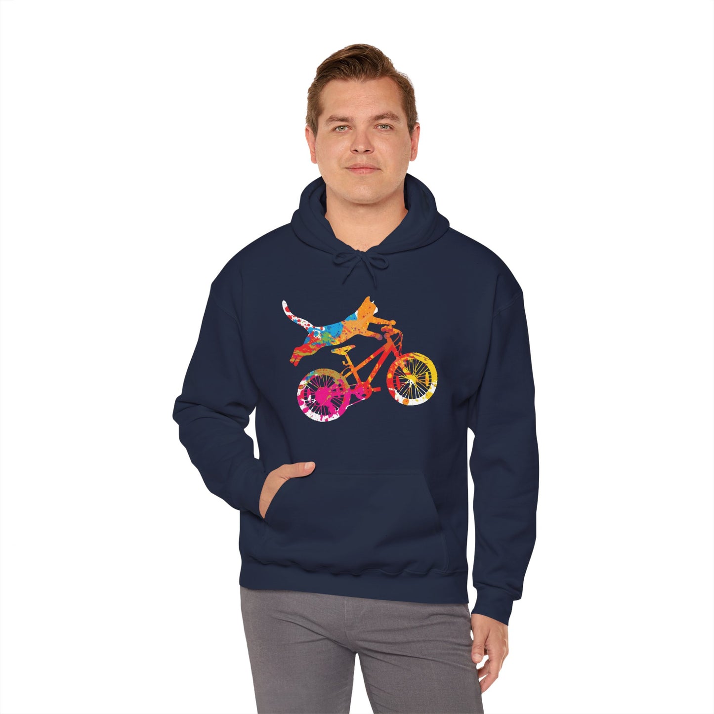 Cat on Bike Colorful Graphic Hoodie — Playful Bicycle Cat Art Sweatshirt