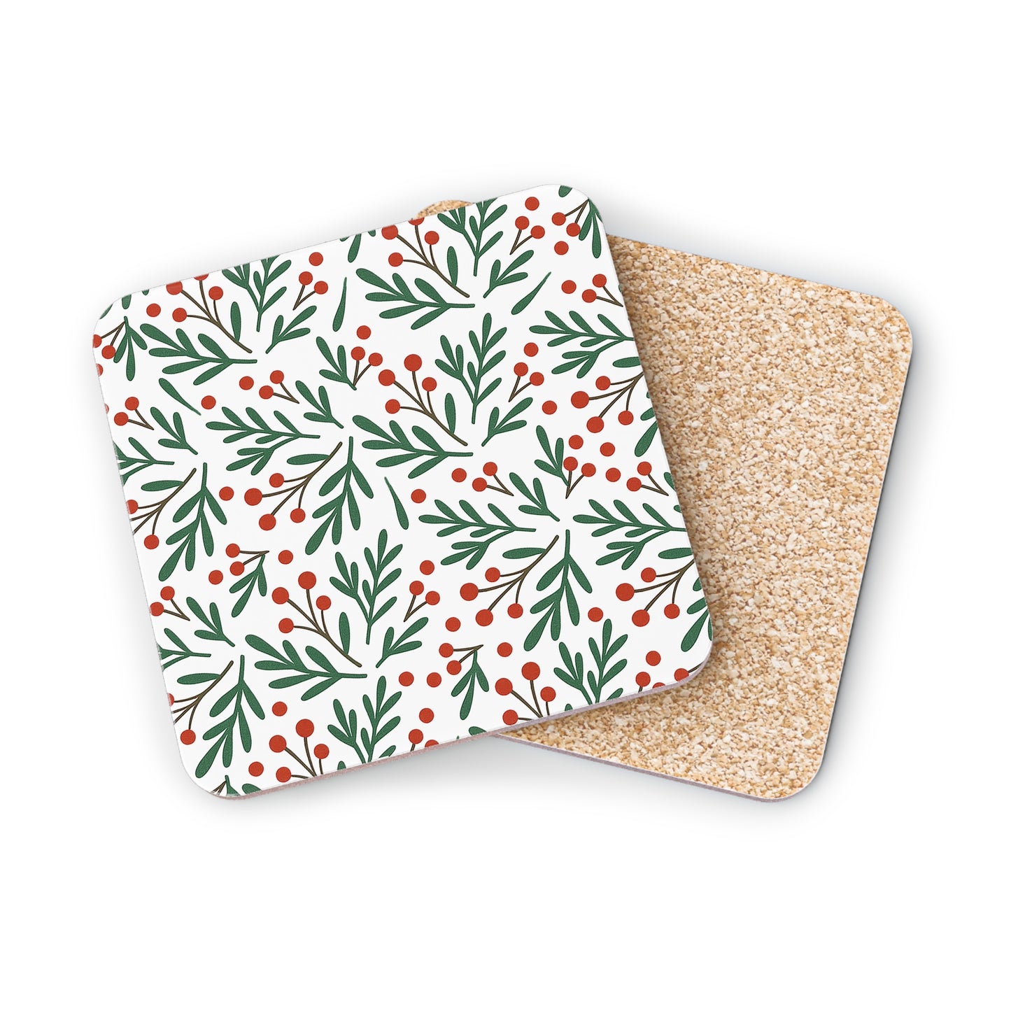 Holiday Berry Floral Coasters — Round Cork Drink Coasters (Set)