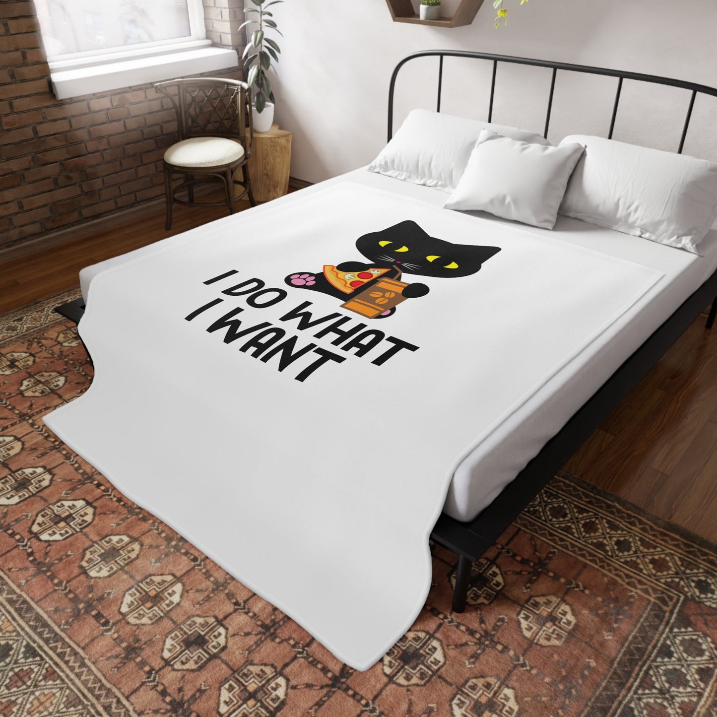 I Do What I Want Cat Plush Fleece Blanket — Cute Black Cat with Pizza & Snacks