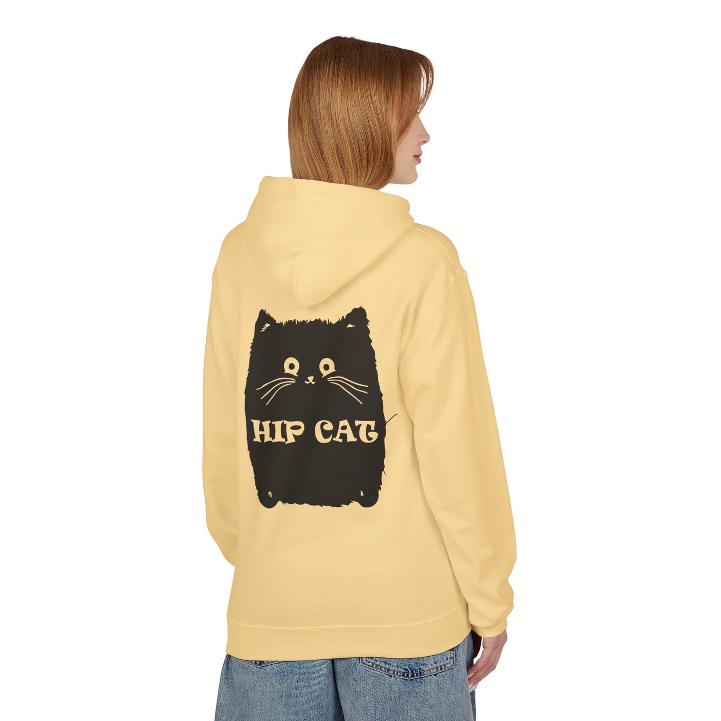 Hip Cat Graphic Hoodie — Cute Retro Cat Illustration "Hip Cat" Back Print