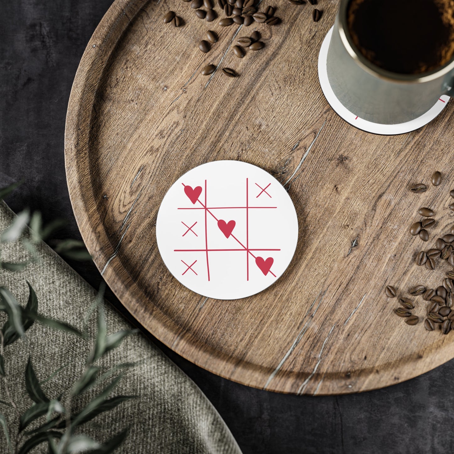 Heart Tic-Tac-Toe Cork Coasters — Valentine Romance Drink Coaster Set