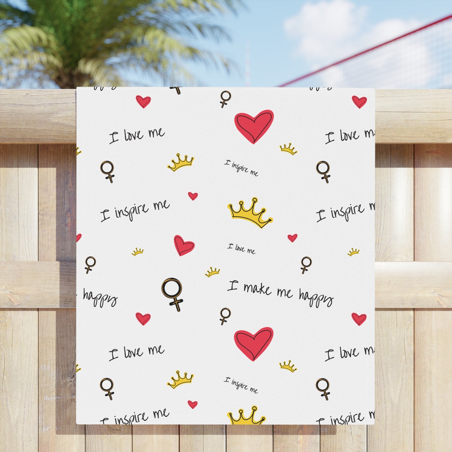 Beach Towel — Self Love Pattern with Hearts, Crowns & "I Love Me" Text