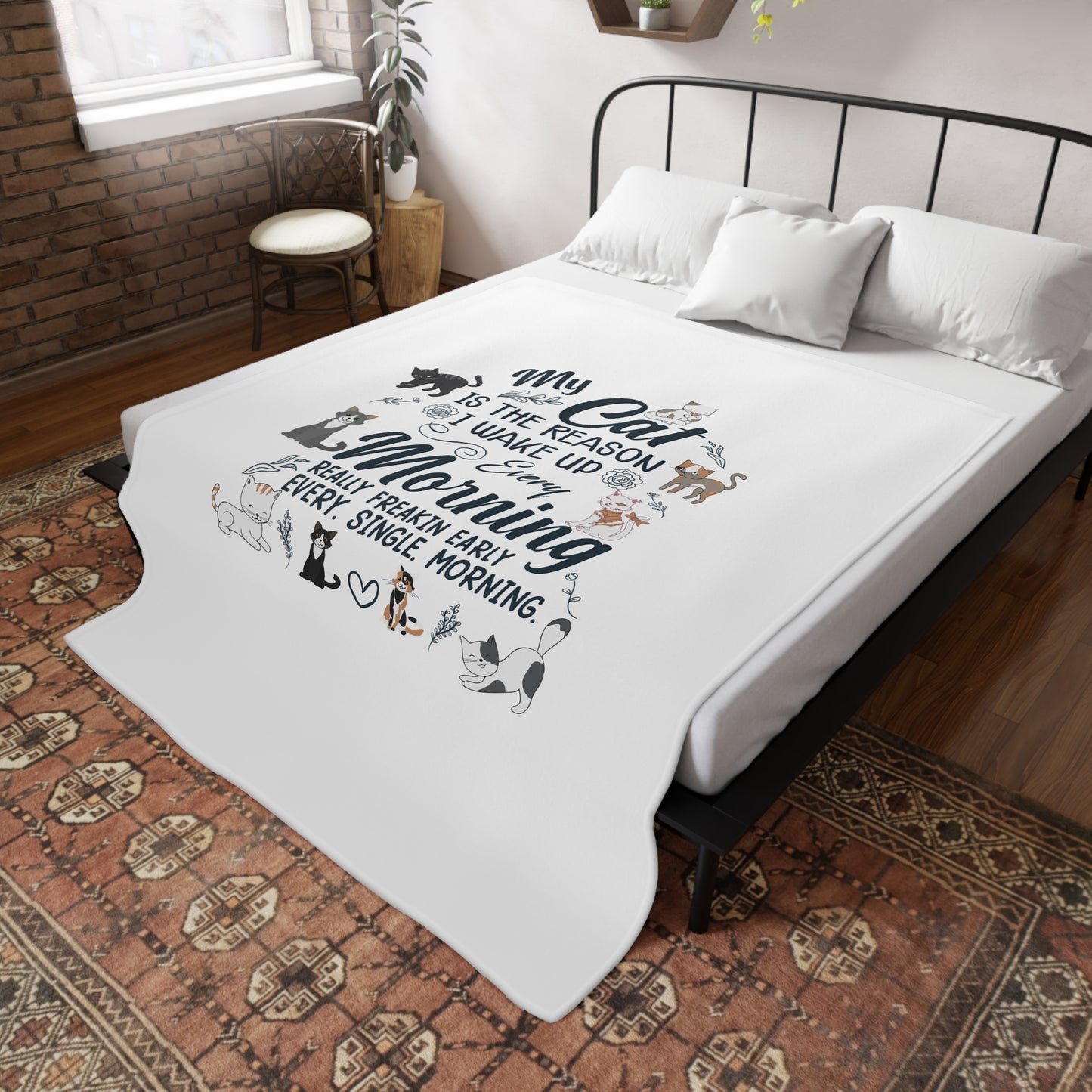 Plush Fleece Blanket — “My Cat Is the Reason I Wake Up Every Morning” Cute Cat Lover Throw