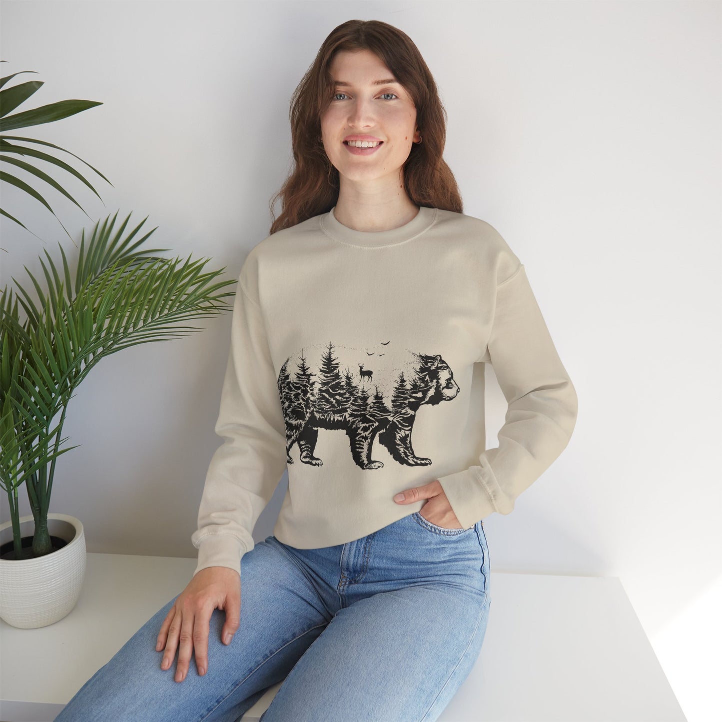 Bear Forest Crewneck Sweatshirt – Woodland Double Exposure Graphic