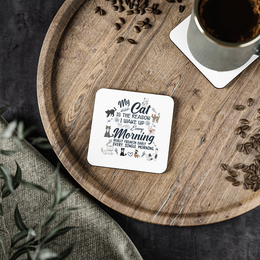 Cat Lover Coasters — "My Cat Is The Reason I Wake Up Every Morning" Cork Back Drink Coaster Set