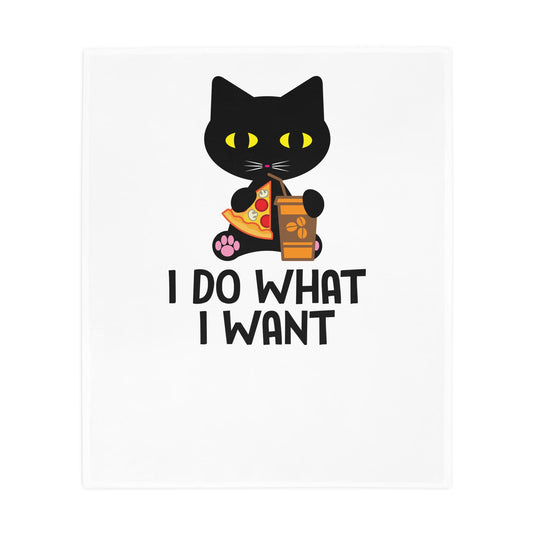 I Do What I Want Cat Plush Fleece Blanket — Cute Black Cat with Pizza & Snacks