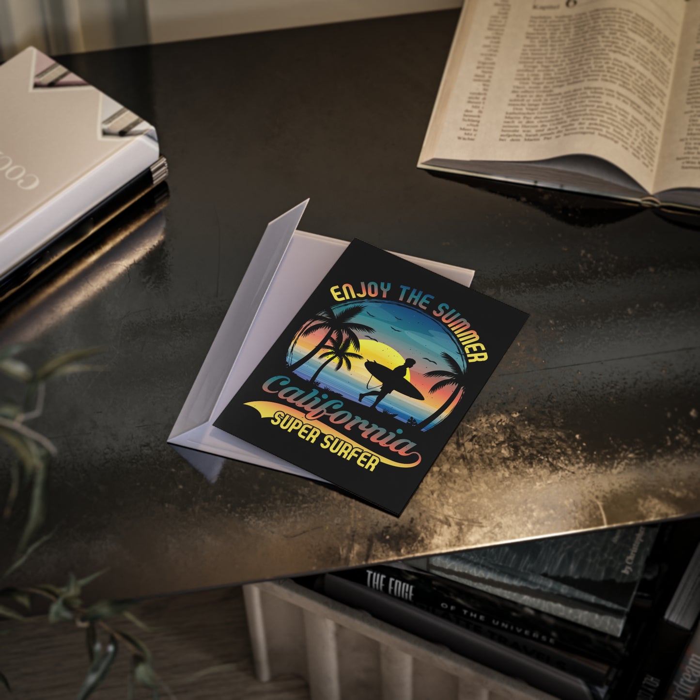 Super Surfer Holiday Card — "Enjoy the Summer" Beach Sunset Greeting Card