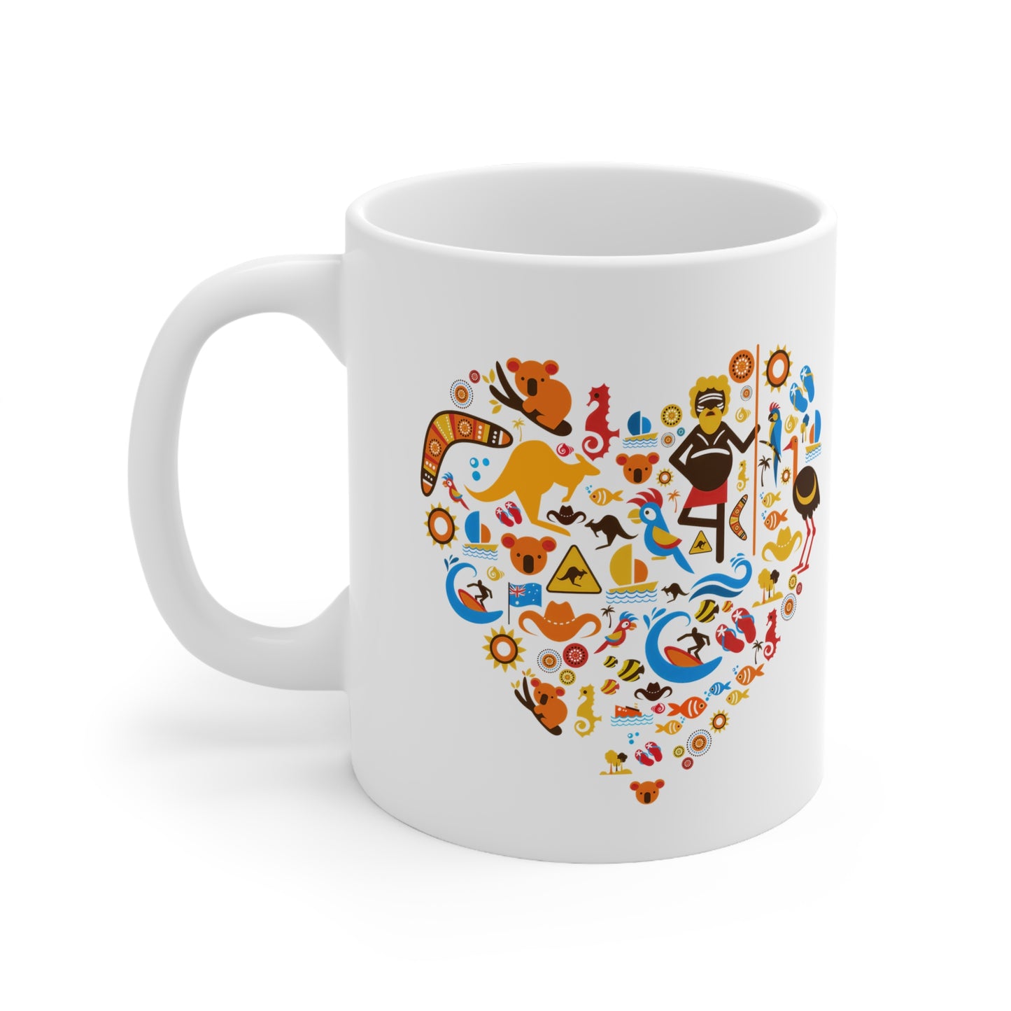 Heart-Shaped Australian Icons Coffee Mug — Cute Aussie Wildlife & Culture Design (11oz)