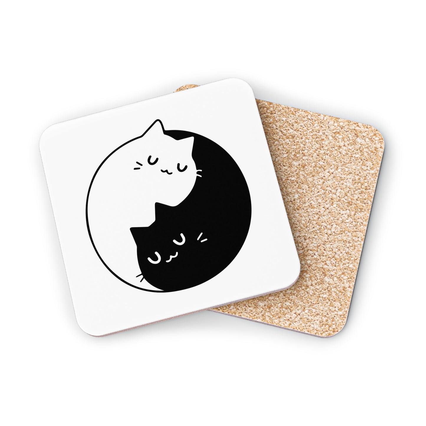 Cat Yin Yang Cork Coaster — Black & White Cute Cat Drink Coaster Set