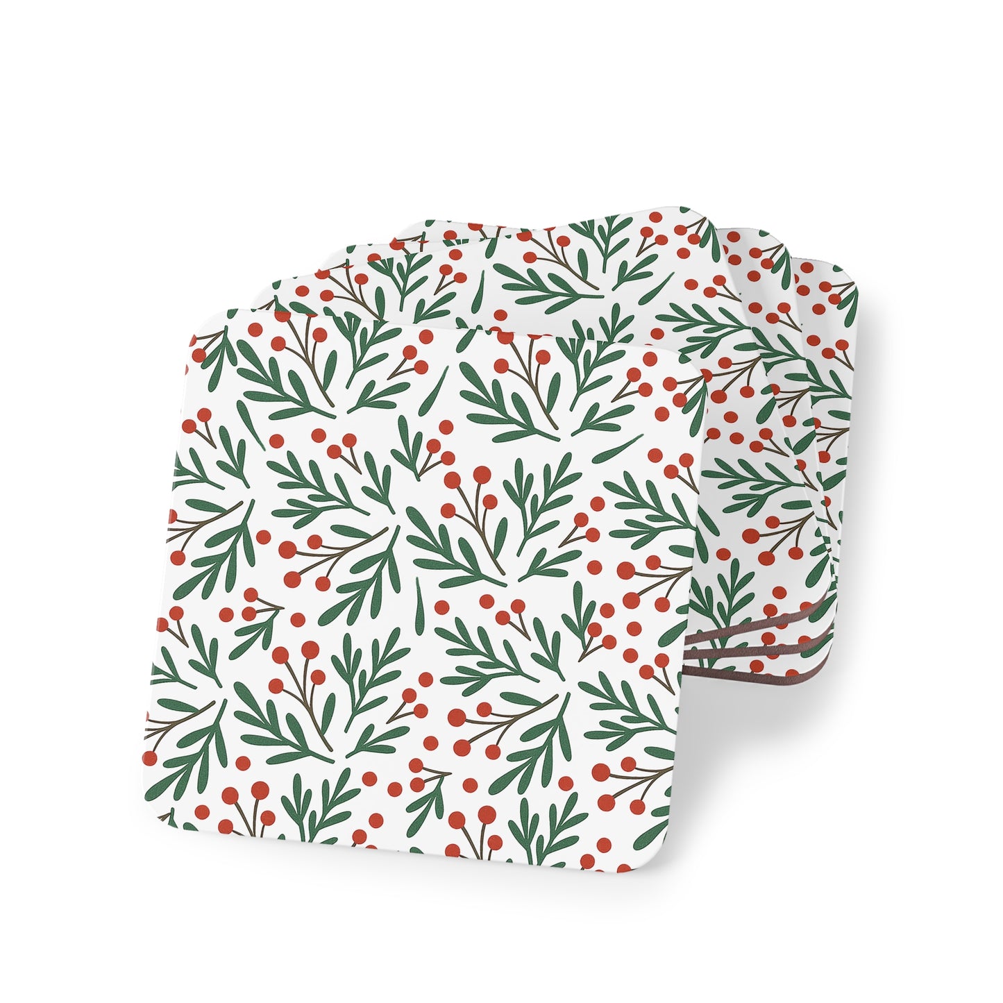 Holiday Berry Floral Coasters — Round Cork Drink Coasters (Set)