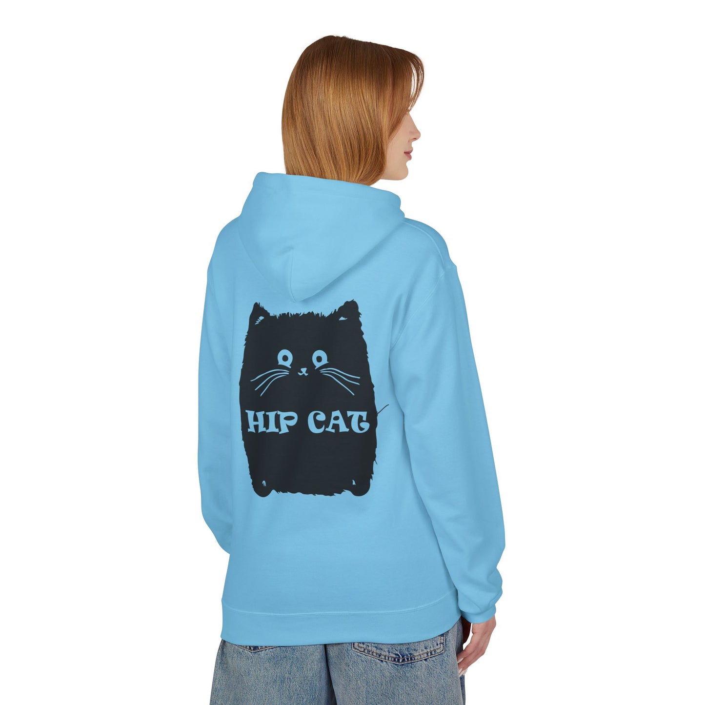 Hip Cat Graphic Hoodie — Cute Retro Cat Illustration "Hip Cat" Back Print