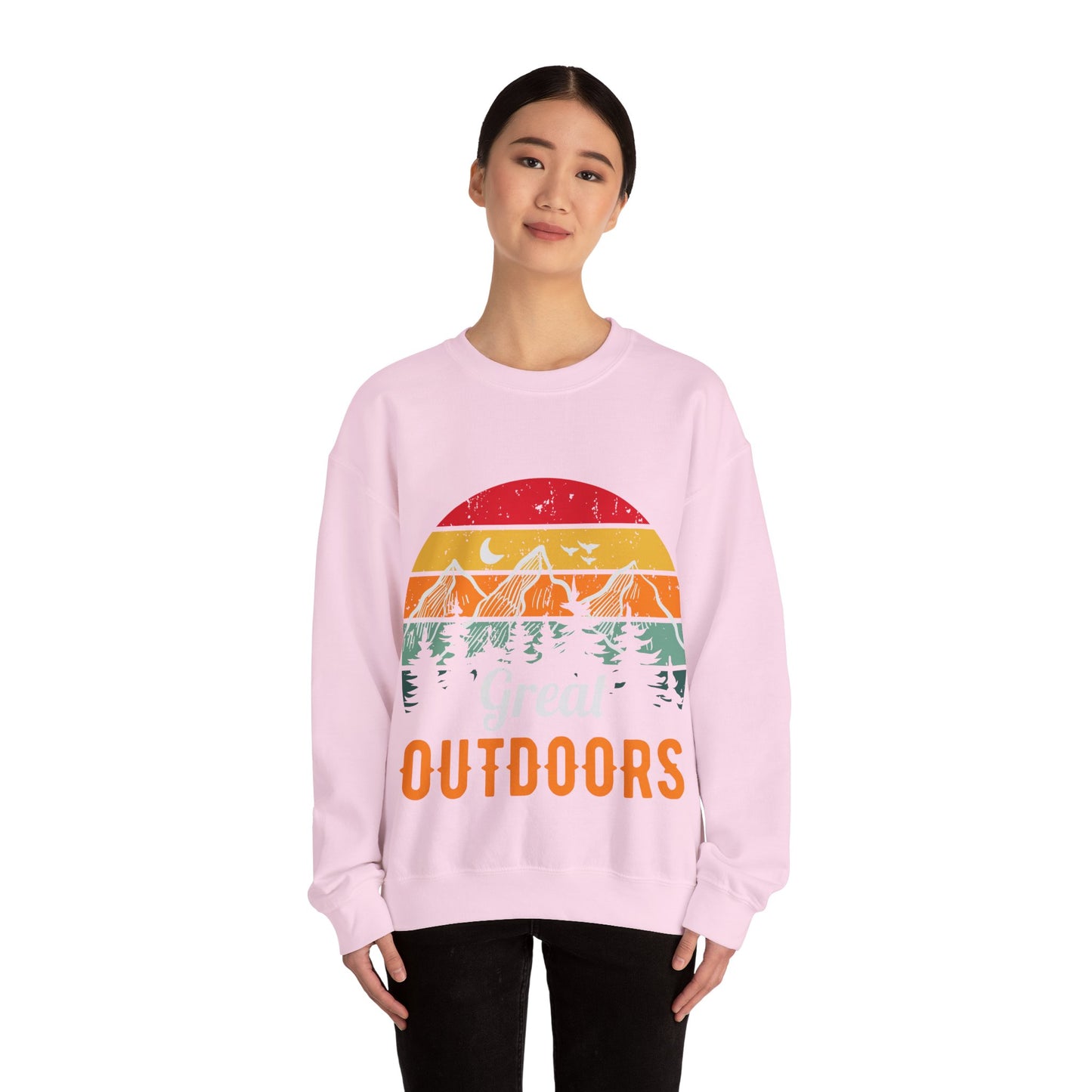 Great Outdoors Crewneck Sweatshirt — Vintage Sunset Camping Hoodie Alternative