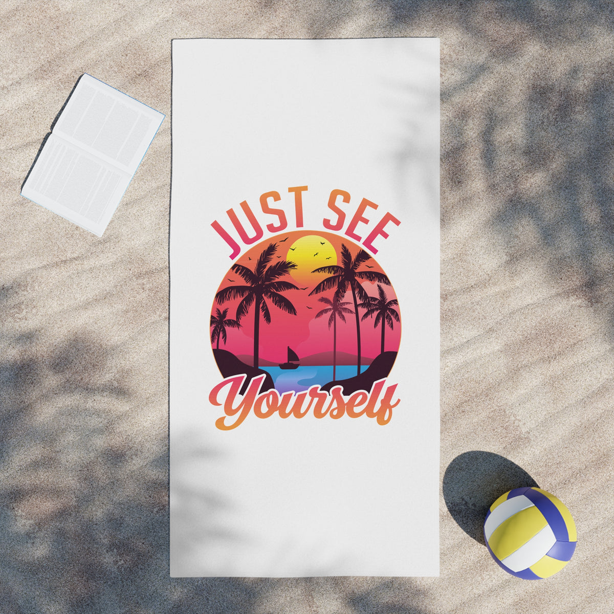 Beach Towel - "Just See Yourself" Tropical Sunset Palm Print