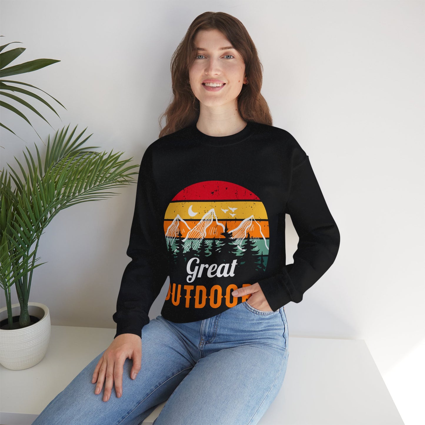 Great Outdoors Crewneck Sweatshirt — Vintage Sunset Camping Hoodie Alternative