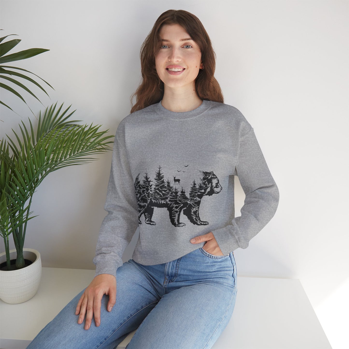 Bear Forest Crewneck Sweatshirt – Woodland Double Exposure Graphic