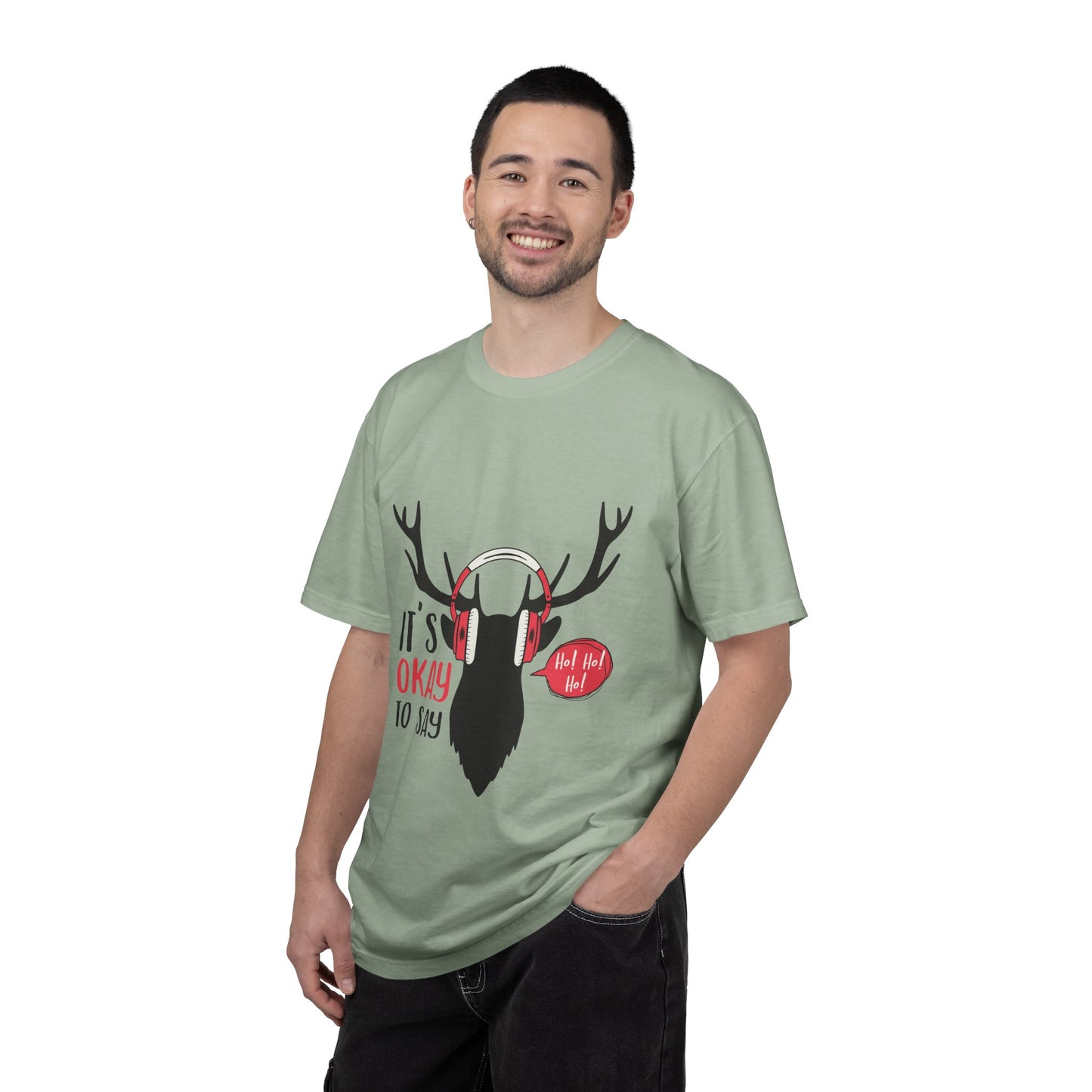 Reindeer Headphones Christmas T-Shirt – "It’s Okay to Say Ho! Ho! Ho!" Holiday Tee