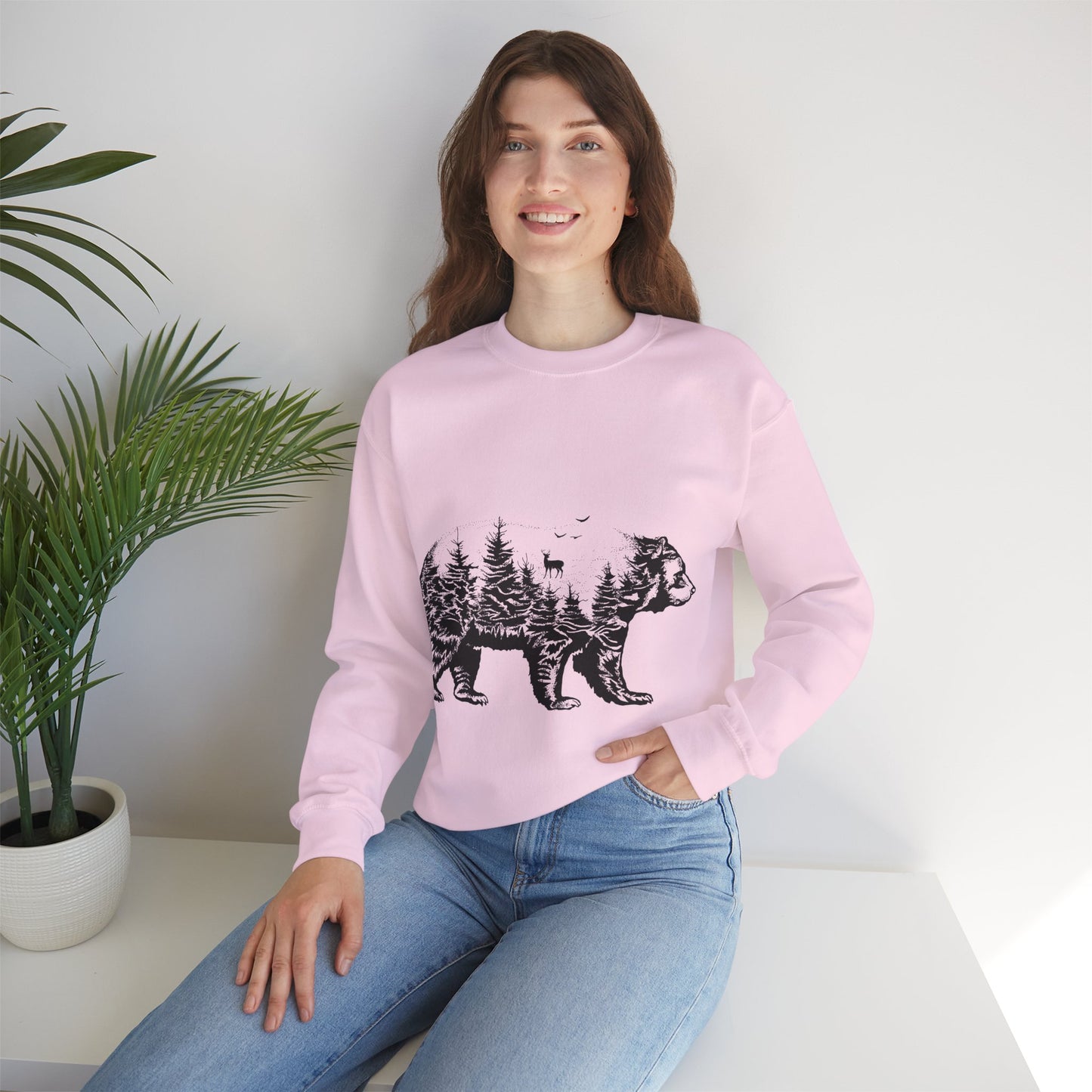 Bear Forest Crewneck Sweatshirt – Woodland Double Exposure Graphic
