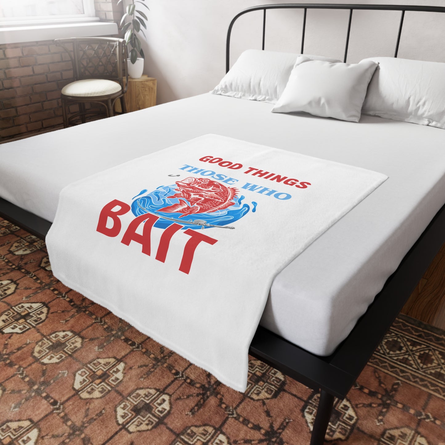 Plush Fleece Blanket — "Good Things Those Who Bait" Fishing Throw for Anglers