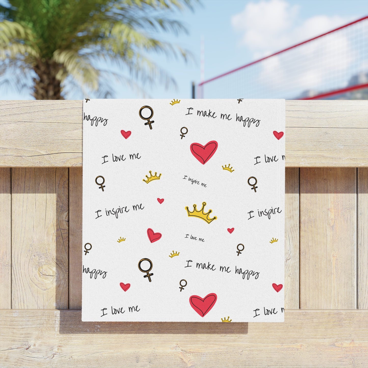 Beach Towel — Self Love Pattern with Hearts, Crowns & "I Love Me" Text