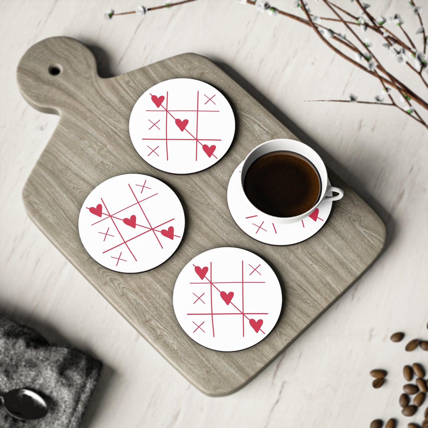 Heart Tic-Tac-Toe Cork Coasters — Valentine Romance Drink Coaster Set