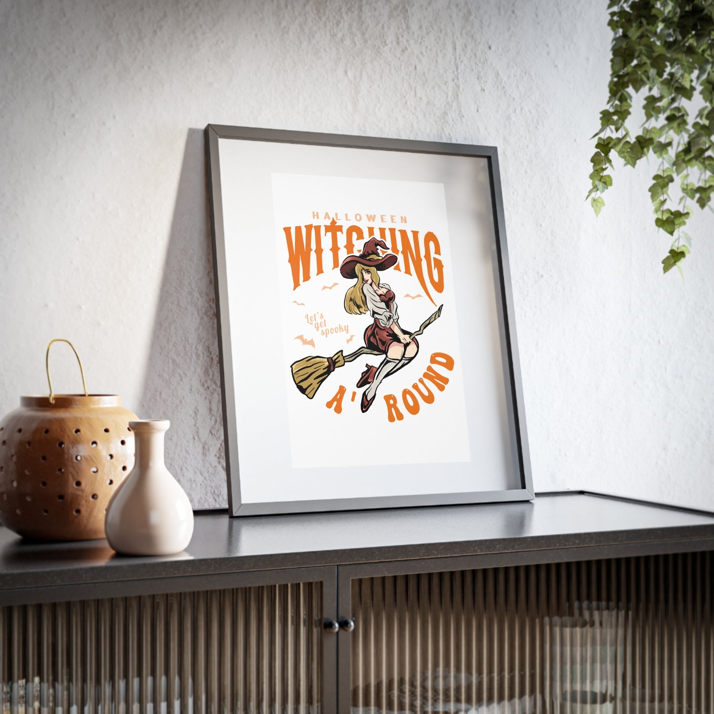 Halloween Witching Around Framed Poster — Vintage Witch on Broom Matte Print