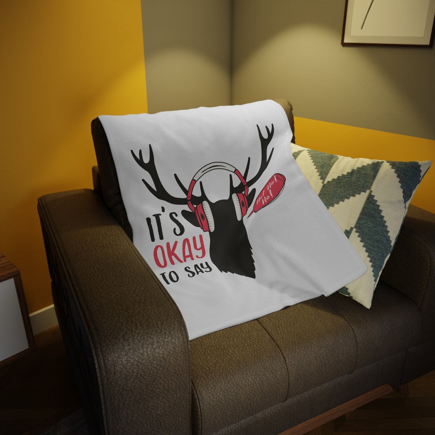 Christmas Reindeer Headphones Plush Fleece Blanket — "It's Okay to Say" Holiday Cozy Throw