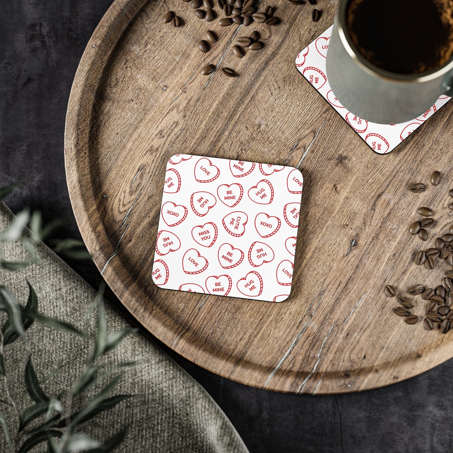 Valentine Conversation Heart Cork Coasters — Cute 'Be Mine' & 'XOXO' Drink Coasters (Set)
