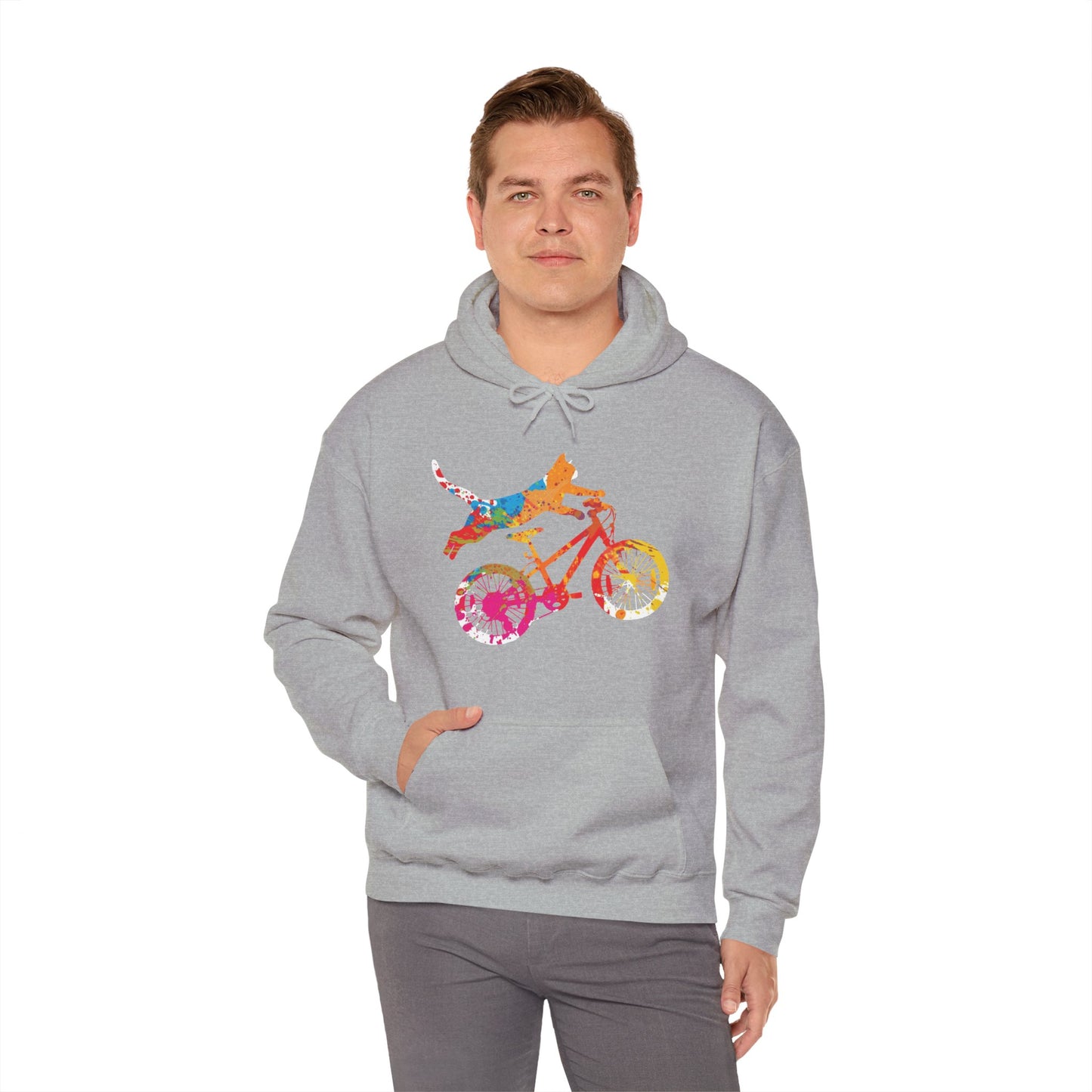 Cat on Bike Colorful Graphic Hoodie — Playful Bicycle Cat Art Sweatshirt