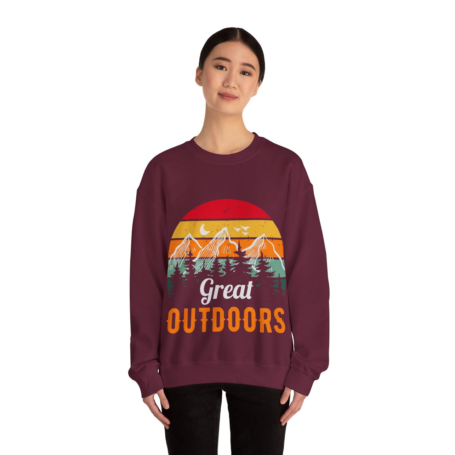 Great Outdoors Crewneck Sweatshirt — Vintage Sunset Camping Hoodie Alternative