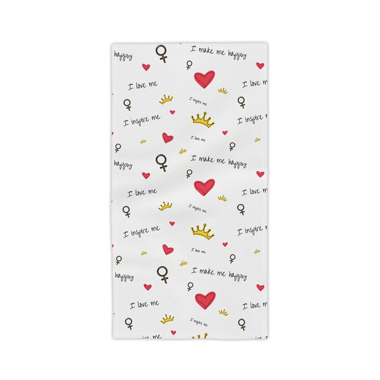 Beach Towel — Self Love Pattern with Hearts, Crowns & "I Love Me" Text