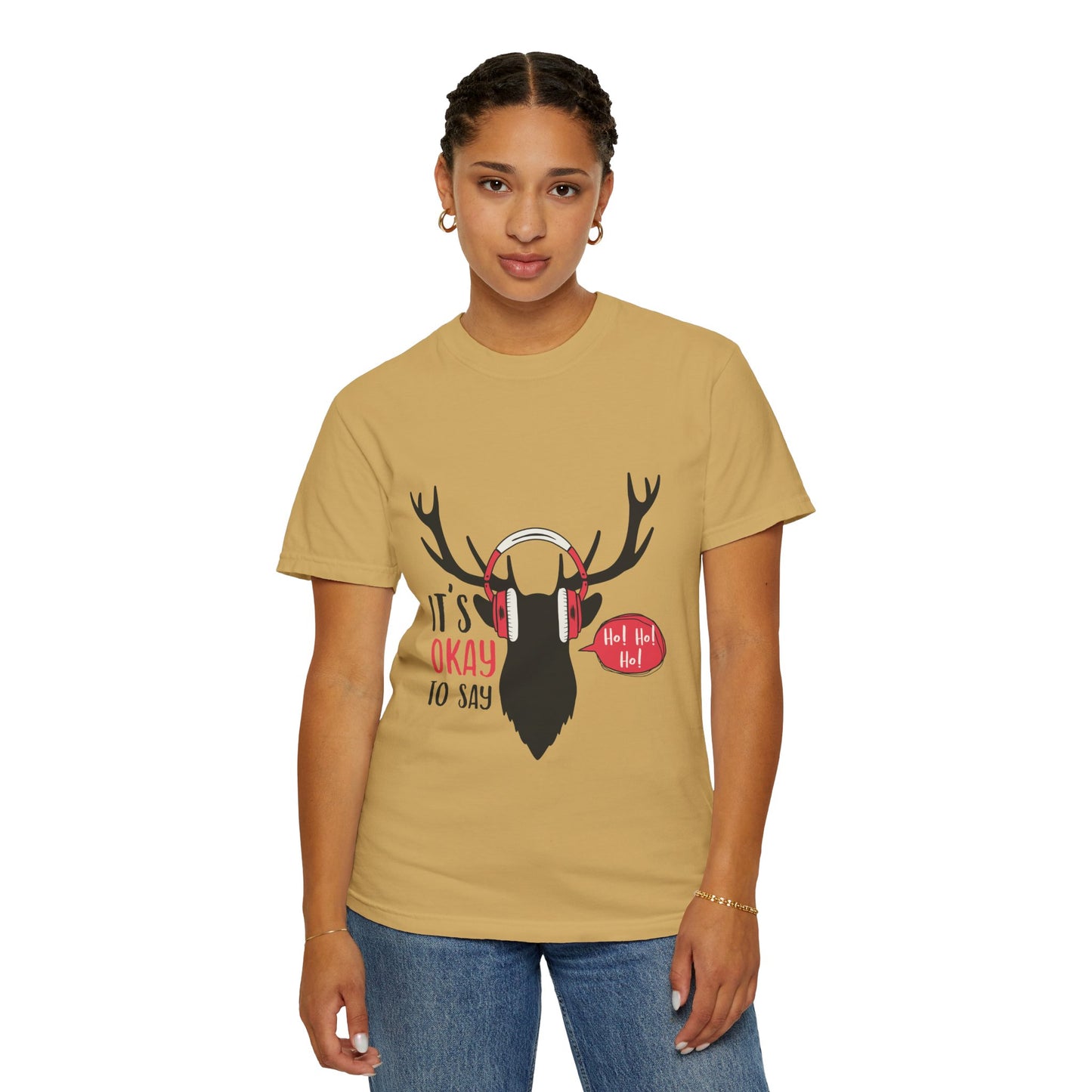 Reindeer Headphones Christmas T-Shirt – "It’s Okay to Say Ho! Ho! Ho!" Holiday Tee